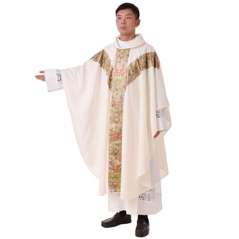 BLESSUME Priest Celebrant Chasuble Catholic Church Father Mass Vestments Robe (Ivory White) - Image 1